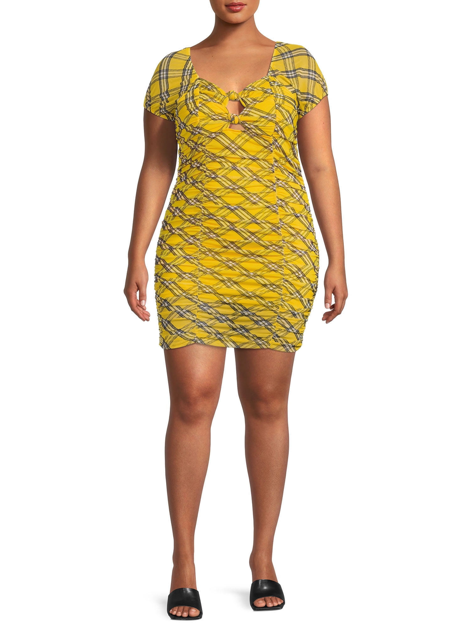 Madden Nyc Women's Plus Size Puff Sleeve Ruched Dress, Size: 3XL, Yellow
