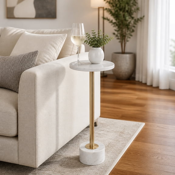 Round End Side Table or Small Night Stand for Room Decor - Metal Bedside Table with Marble Top for Home, Bedroom, or Living Room - Slim Decor Accent for Small Spaces - 25", White & Gold