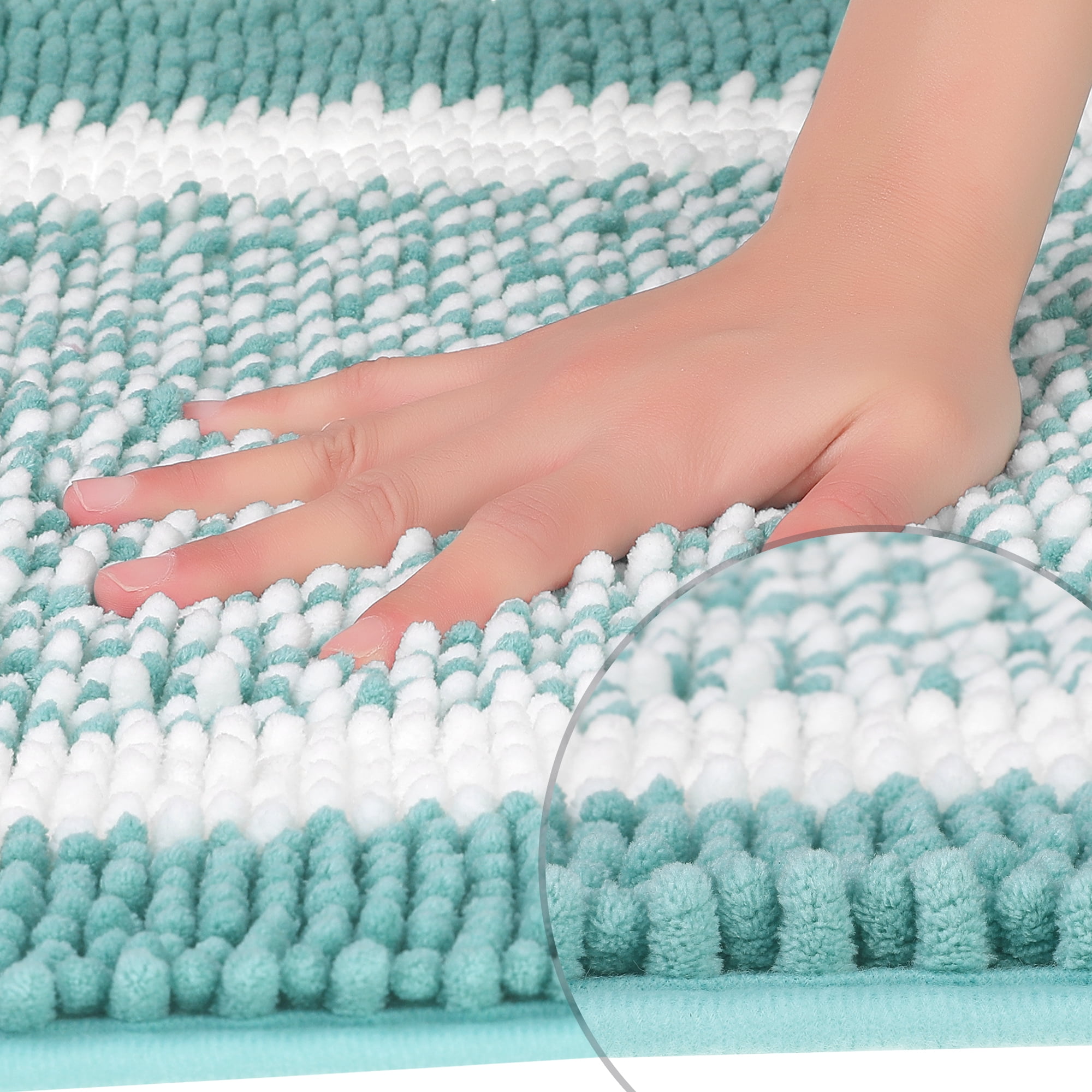 Unique Bargains Chenille Striped Bathroom Rug Mat Non-Slip Soft Plush Shaggy Bath Carpet Green 20" x 32"