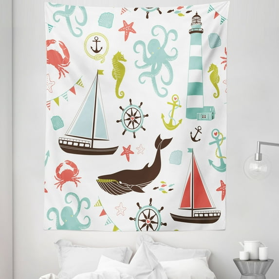 Nautical Tapestry, Pastel Colored Composition of Lighthouse Sailboat Fish Shells Octopus and Anchor, Fabric Wall Hanging Decor for Bedroom Living Room Dorm, 5 Sizes, Multicolor, by Ambesonne