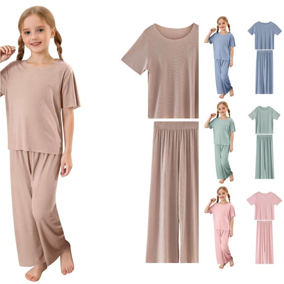 HCYSFG Girls Solid Color Lounge Sets 2 Piece Clothing Sets Crewneck Short Sleeve T Shirt And Wide Leg Pants Elastic Waist Sleepwear Sets