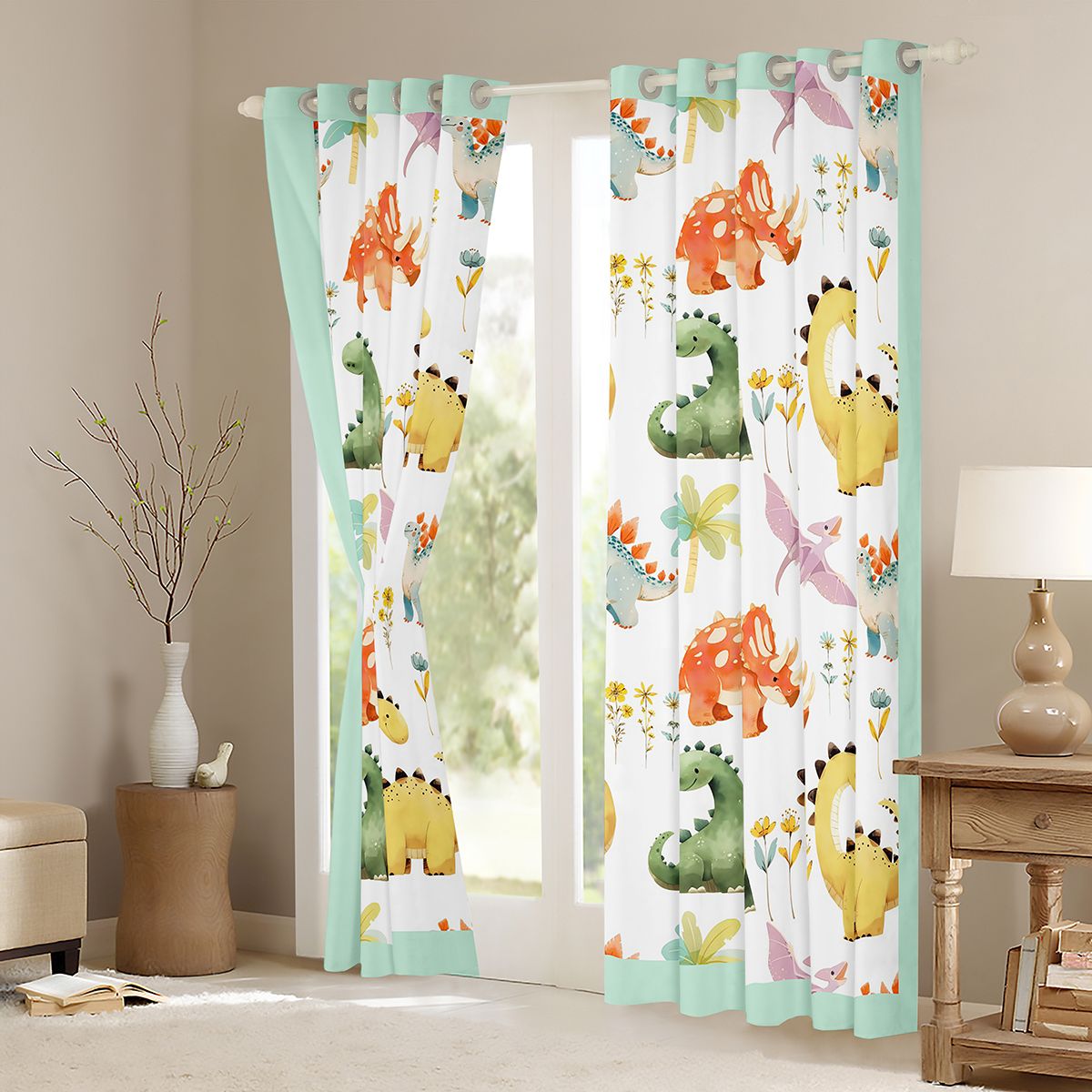 Castle Fairy Boys Girls Kawaii Dinosaurs Curtains Pack of 2 (42x84 Each),Colorful Jungle Animal Curtains Blackout,Cartoon Flowers Wildlife Bedroom Curtains,Super Cozy Room Decor