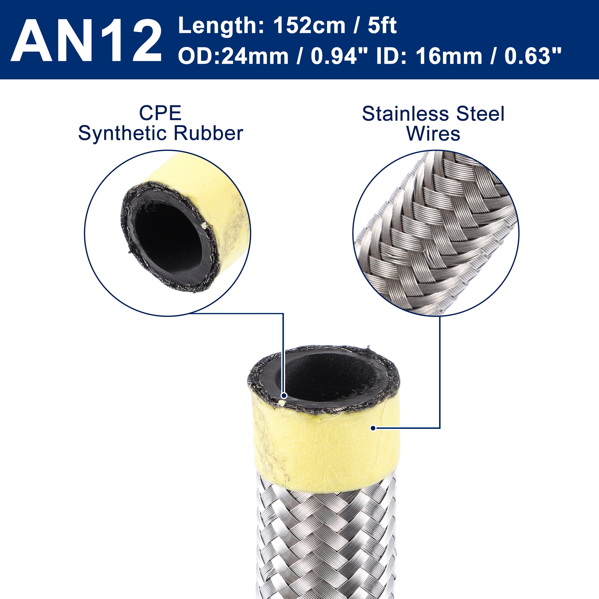 Unique Bargains 5ft 12AN Fuel Hose AN12 Universal Car Braided Stainless Steel CPE Oil Fuel Gas Line Hose Silver Tone