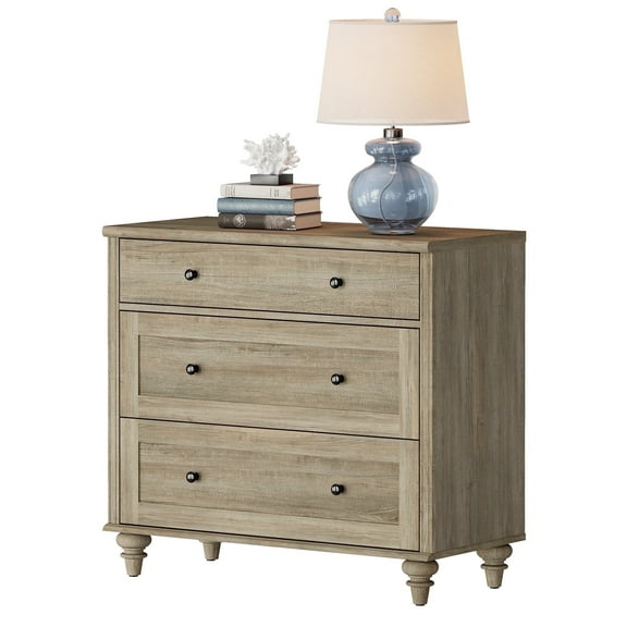 Farmhouse Nightstand with 3 Drawers, Large Wood Bedside Table Night Stand, Wide Sofa Side End Table 3 Drawers Chest of Dresser for Living Room, Bedroom, Grey, 34 inch