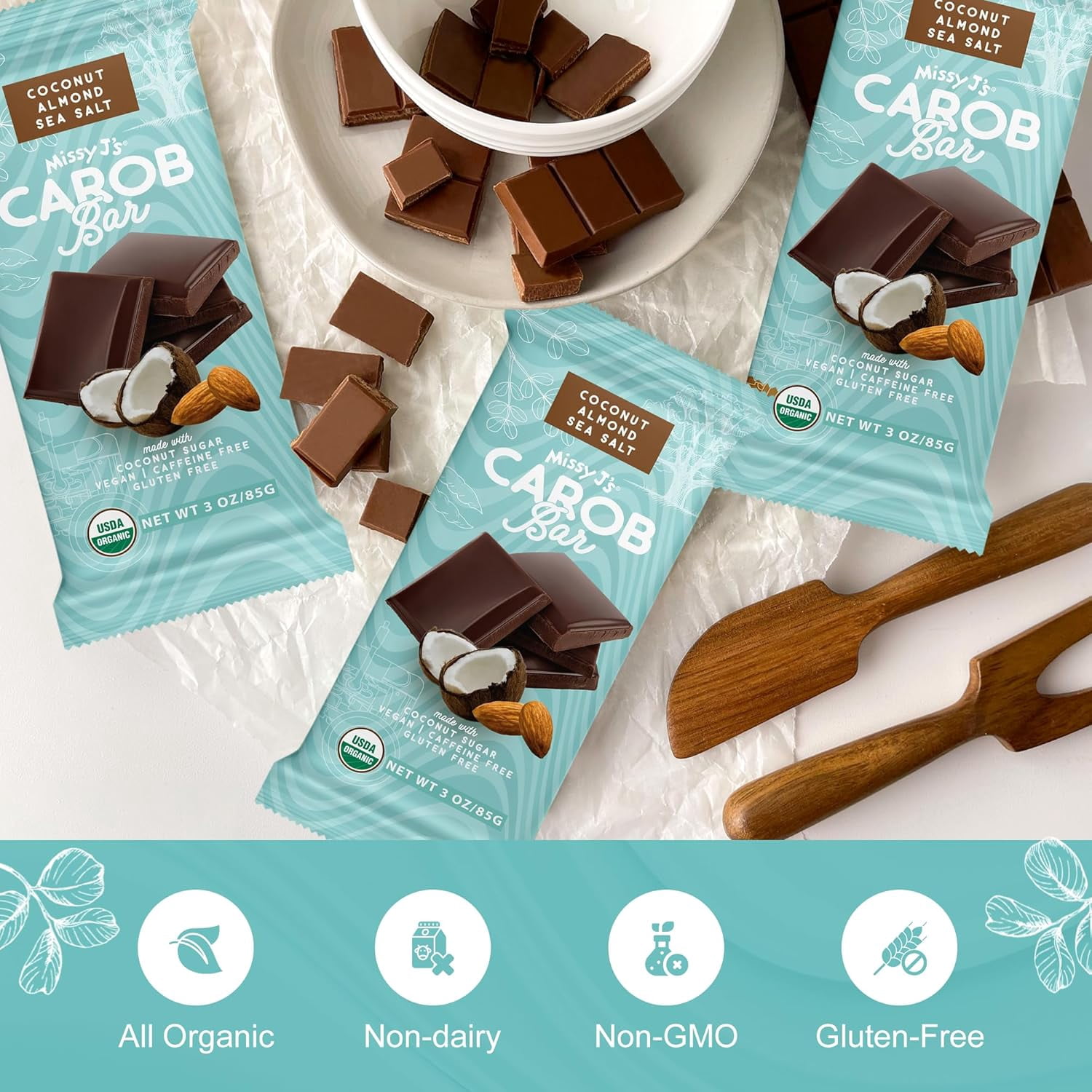 Missy J’s Organic Carob Coconut Almond Candy Bar Healthy Snack Low Calorie Snacks 12 Pack