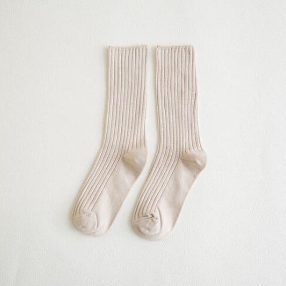 Japanese Style Double Knit Crew Socks For Everyday Wear With Soft Comfort And Breathable Stretchable Non Design Ideal For Girls And Ladies, Beige, One Size