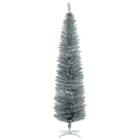 Beyamis 7Ft Silver Decorated Pencil Tree Christmas Tree - 499 Realistic Tips, Plastic Stand - Shiny, Pre-Decorated - Indoor Bedroom/Living Room
