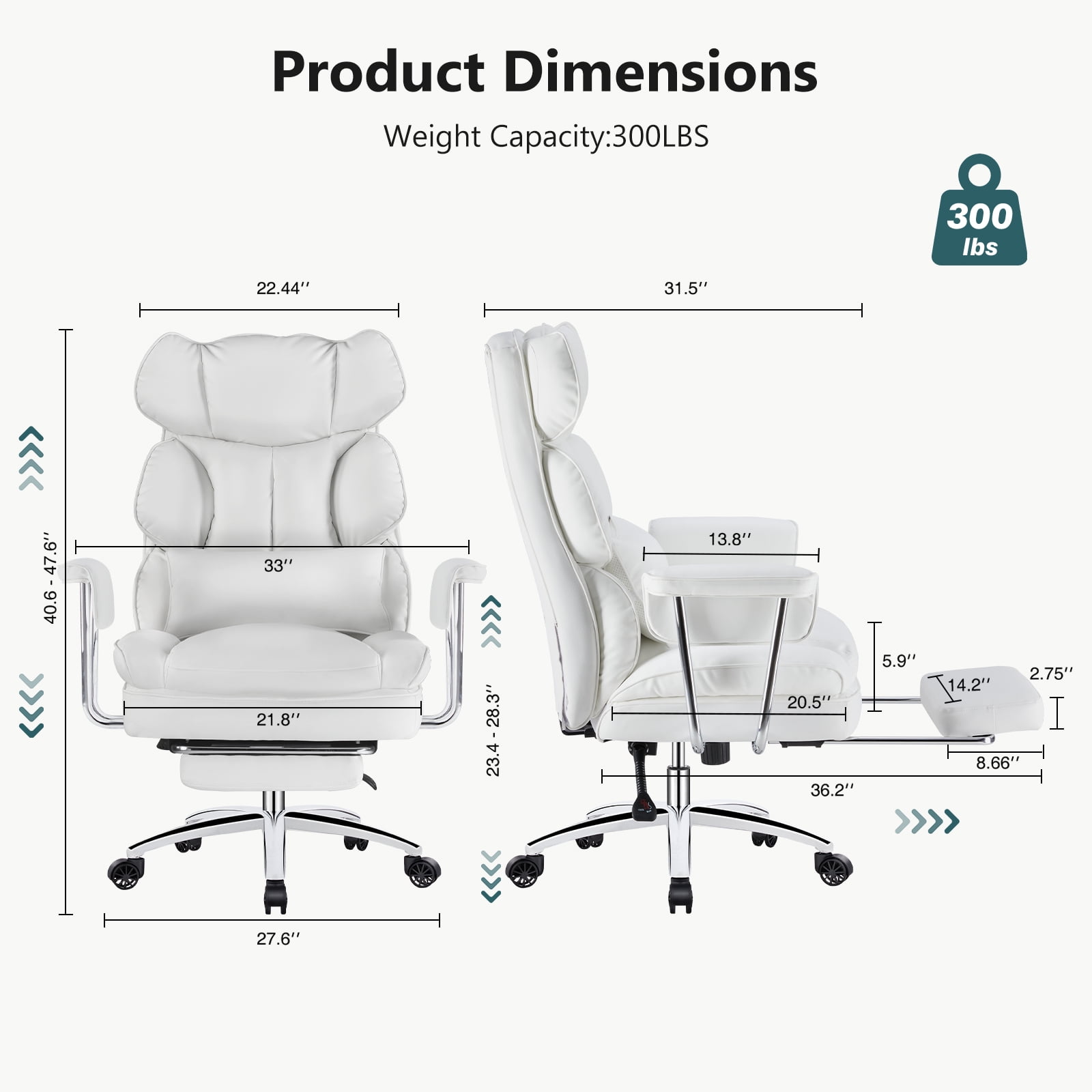 CONCETTA Executive Ergonomic Home Office Chair with Footrest & Lumbar Support, Big Tall High Back, PU Leather, Adjustable & Swivel, White