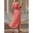 thumbnail image 2 of Orange Floral Print V-Neck Short Sleeve Maxi Dress For Women With Side Slit, 2 of 7