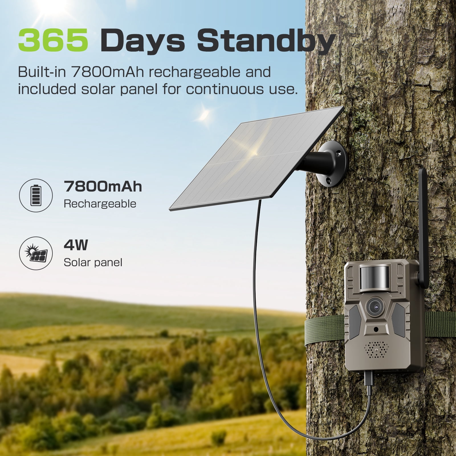 Conico Solar Cellular Trail Camera, 4G LTE Hunting Game Camera with 2k HD, Night Vision 82FT, Motion Activated 0.2s, IP66 Waterproof for Outdoor Wildlife Detection