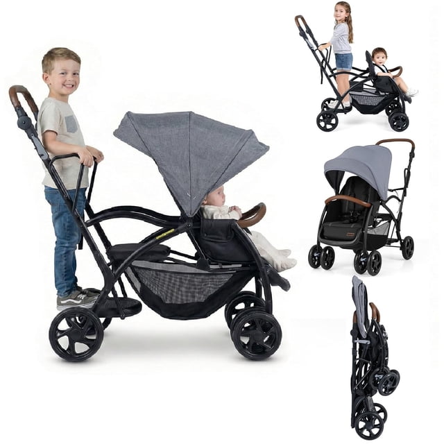INFANS Double Stroller with Leather Handle, Front Seat 2-Position Recline, Rear Standing Board, 5-Point Harnesses, Dual Rear Brakes and Lockable Front Wheels, Baby Pushchair for Toddlers