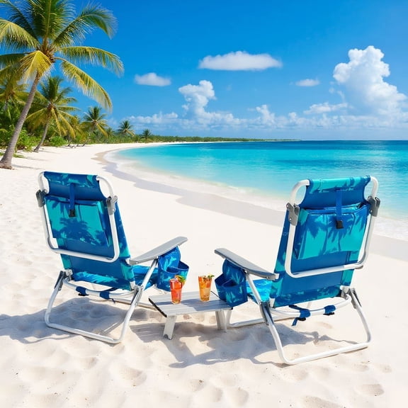 Barara King Folding Chair, Outdoor Lounge Chair,2 Packs 5-Position Outdoor Folding Backpack Beach Table Chair Reclining Chair Set-Navy
