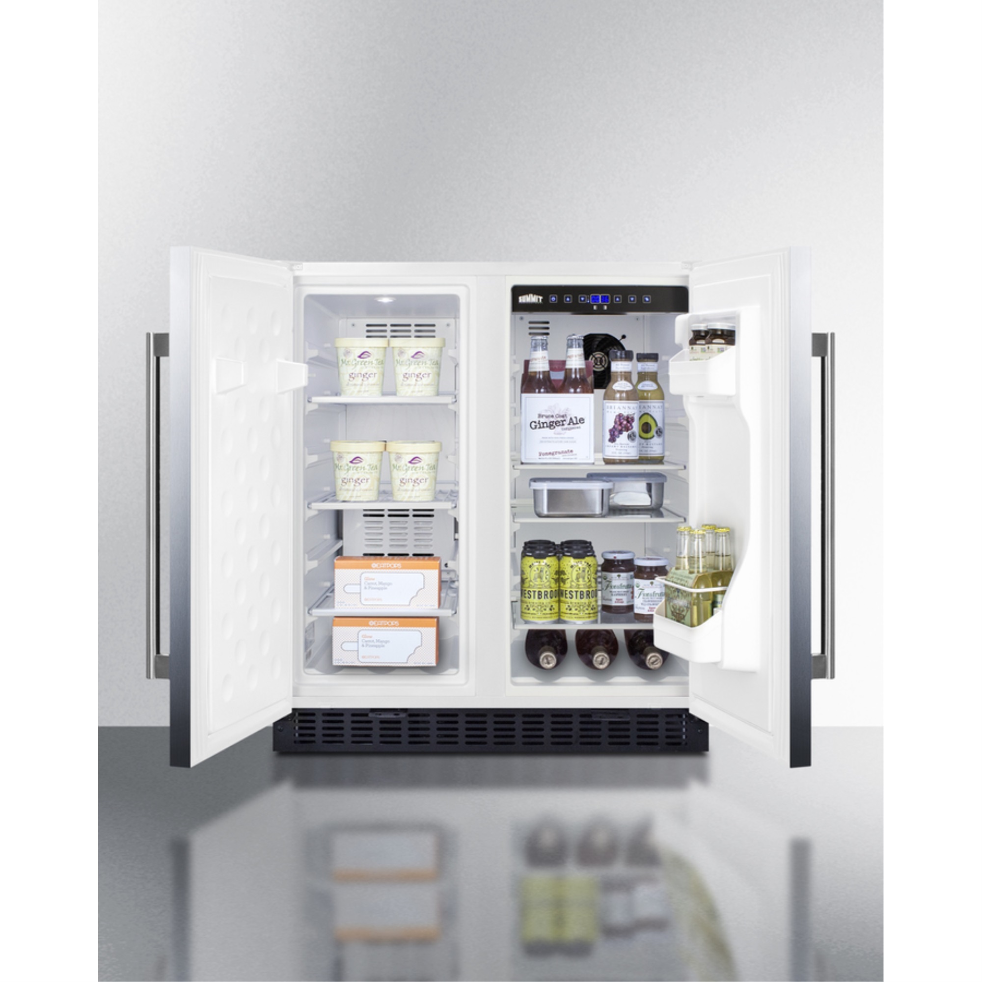 30" wide undercounter frost-free side-by-side refrigerator-freezer with stainless steel doors, white cabinet, locks, stainless steel handles, and digital controls - image 4 of 5