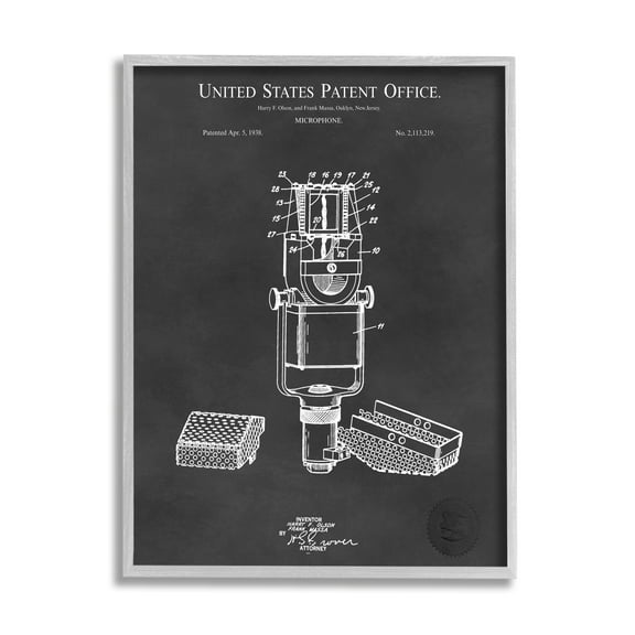 Stupell Industries Black Microphone Diagram Detailed Patent Design Framed Wall Art, 16 x 20, Design by Karl Hronek