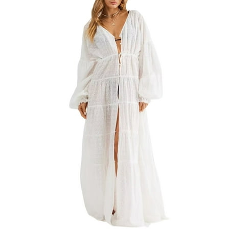 Wassery Women Kimono Bikini Cover Up Summer Large Ruffled Hem Lace Patchwork Long Sleeve Cardigan Smock for Swimsuit