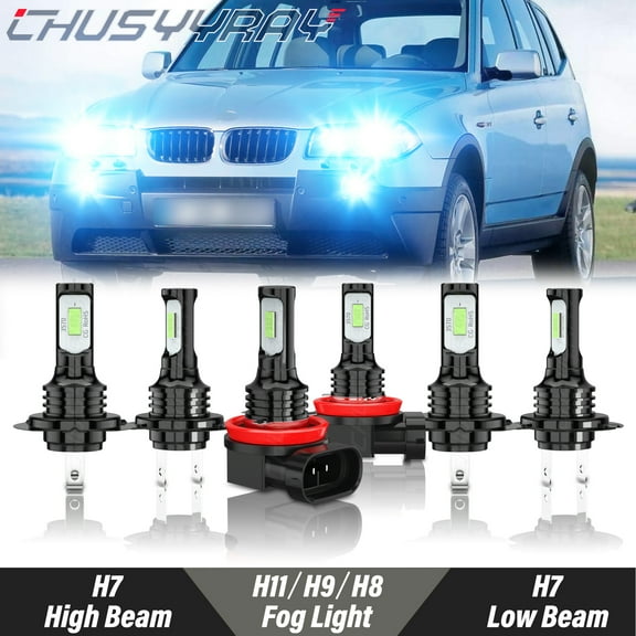 6Pcs LED Front Headlight Hi-Lo Beam Fog Light Bulbs Kit 8000K Ice Blue for BMW X3 2004-2012 2013 2014