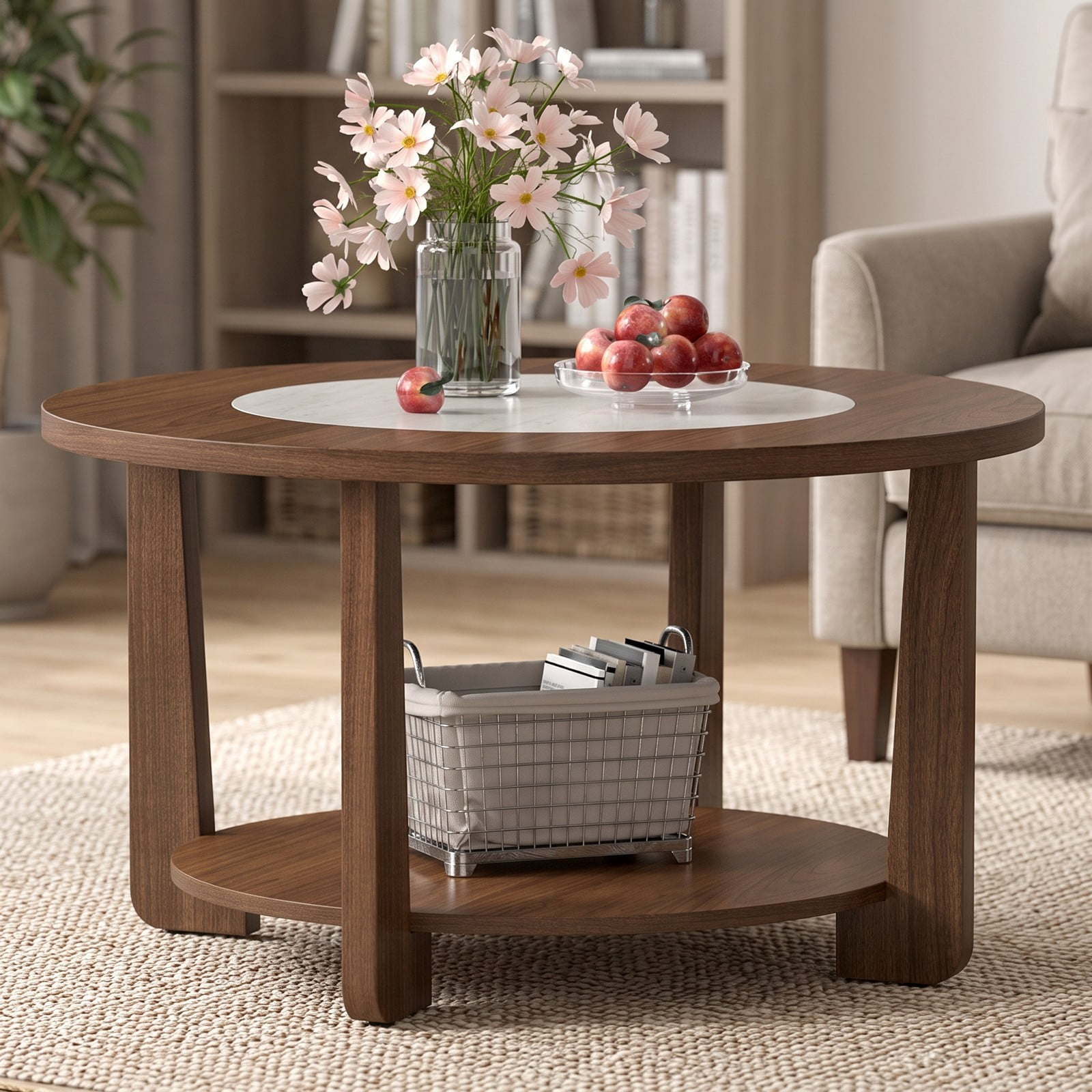 Furnibear Farmhouse Round Coffee Table, 2-Tier Accent Center Table with 2-Tone Tabletop and Open Storage Shelf, Solid Rubber Wood Legs, Round Cocktail Table for, Brown