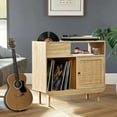 thumbnail image 7 of Vintage Record Player Stand, Vinyl Record Wood Storage Table with Rattan Door ,Turntable Stand Cabinet with Storage, Printer Stand with Open Storage Shelves,Natural, 7 of 7