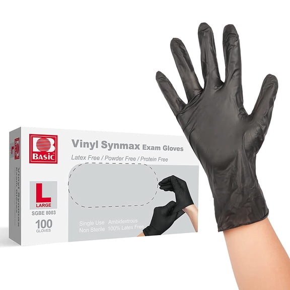 Intco 1 Box 100Pcs Disposable Vinyl Basic Synmax Gloves Black PF Single Use Latex Free Power Free Protein Free Non Sterile (X-Large)