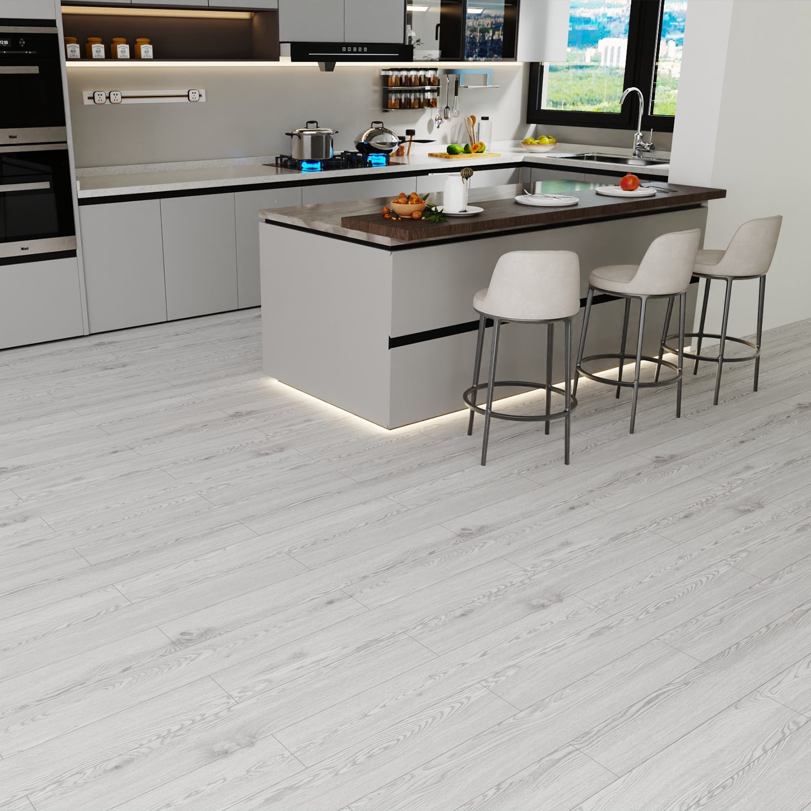 Vinyl Flooring Roll PVC Thickened Peel and Stick Floor Wood Plank Self Adhesive Flooring DIY 23.6" X 196" Light Gray