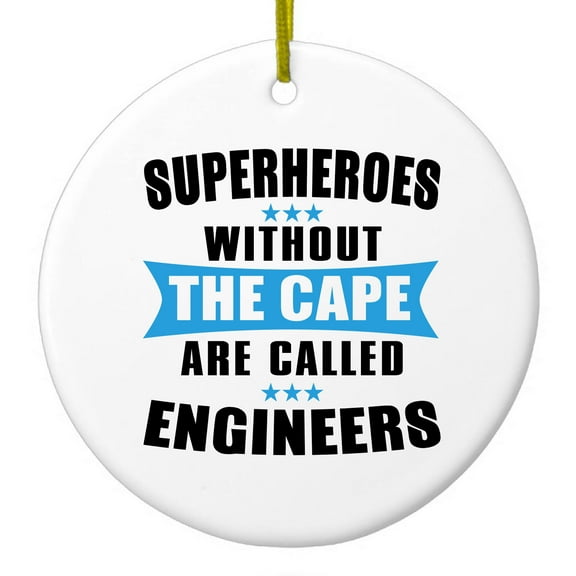 DistinctInk Hanging Ceramic Christmass Tree Ornament with Gold String - Great Gift / Present - 2 3/4 inch diameter - Superheroes Without Cape are Engineers