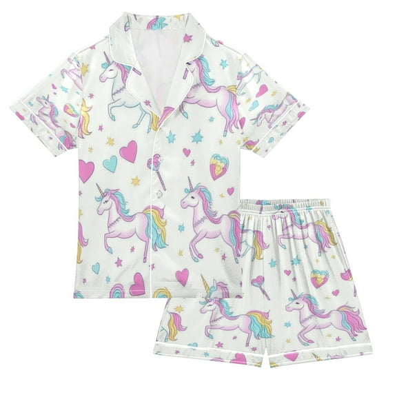 Silky Satin Kids' Pajama Set Breathable & Smooth Unisex Button-Down Pajamas Unicorns and Magic Wands