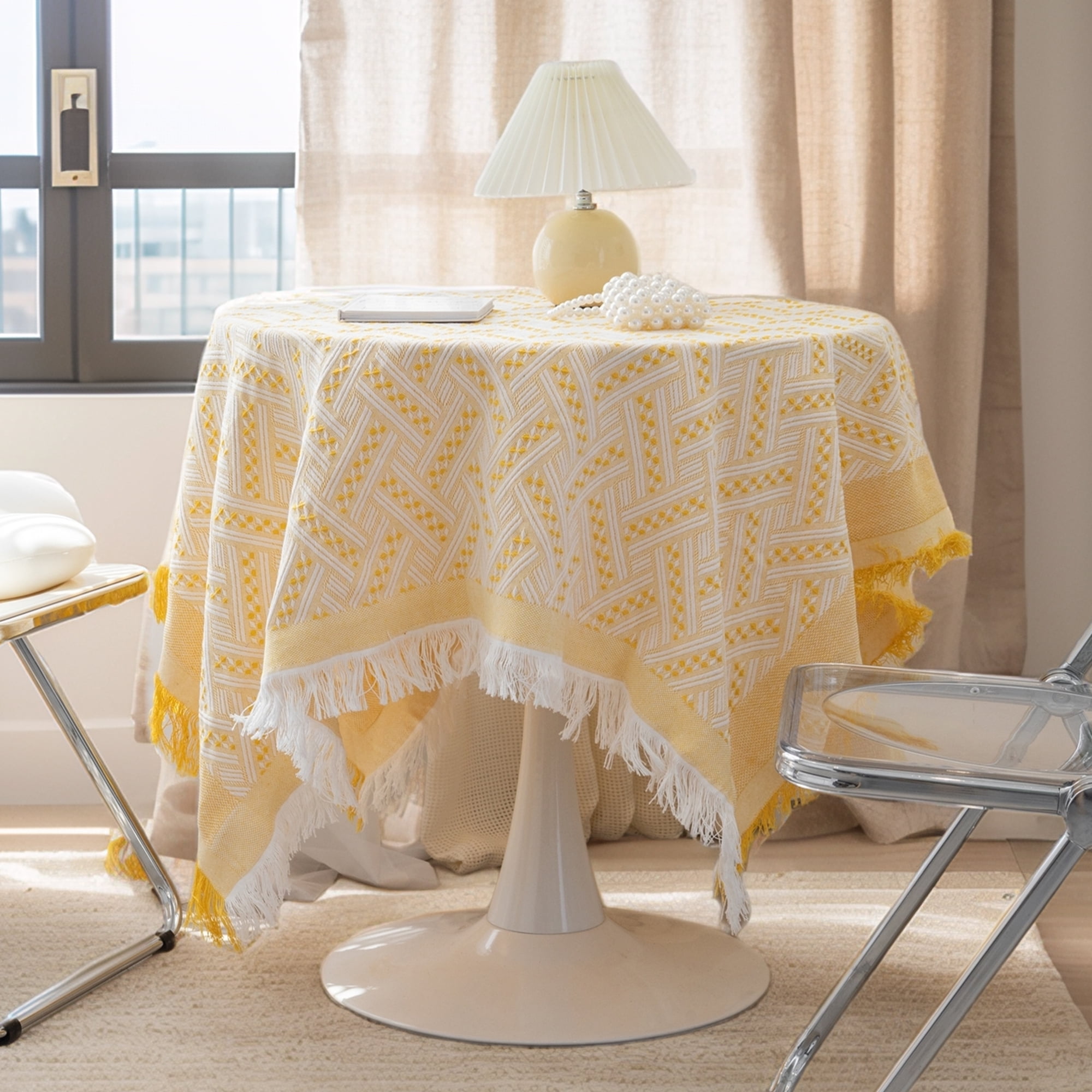 Unique Bargains Tablecloths with Tassel for Multiple Use Yellow 35.4"x35.4"