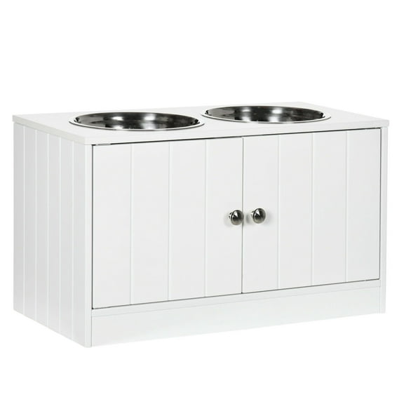 Elevated Dog Bowls with Storage, Large 44L Capacity, Raised Feeder Stand, White - Pet Food Station for Large Dogs, Stainless Steel Bowls