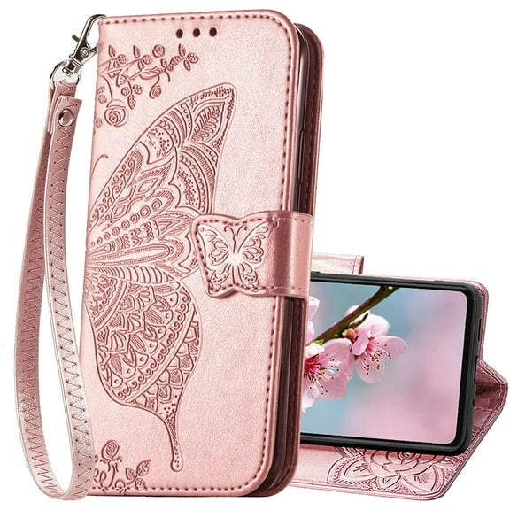 for Samsung Galaxy S20 FE Case Wallet,Women Flip Cover with Butterfly Embossed PU Leather Kickstand Credit Card Holder Slots Magnetic Wrist Strap Phone Case for Samsung S20 FE 5G (Rose Gold)