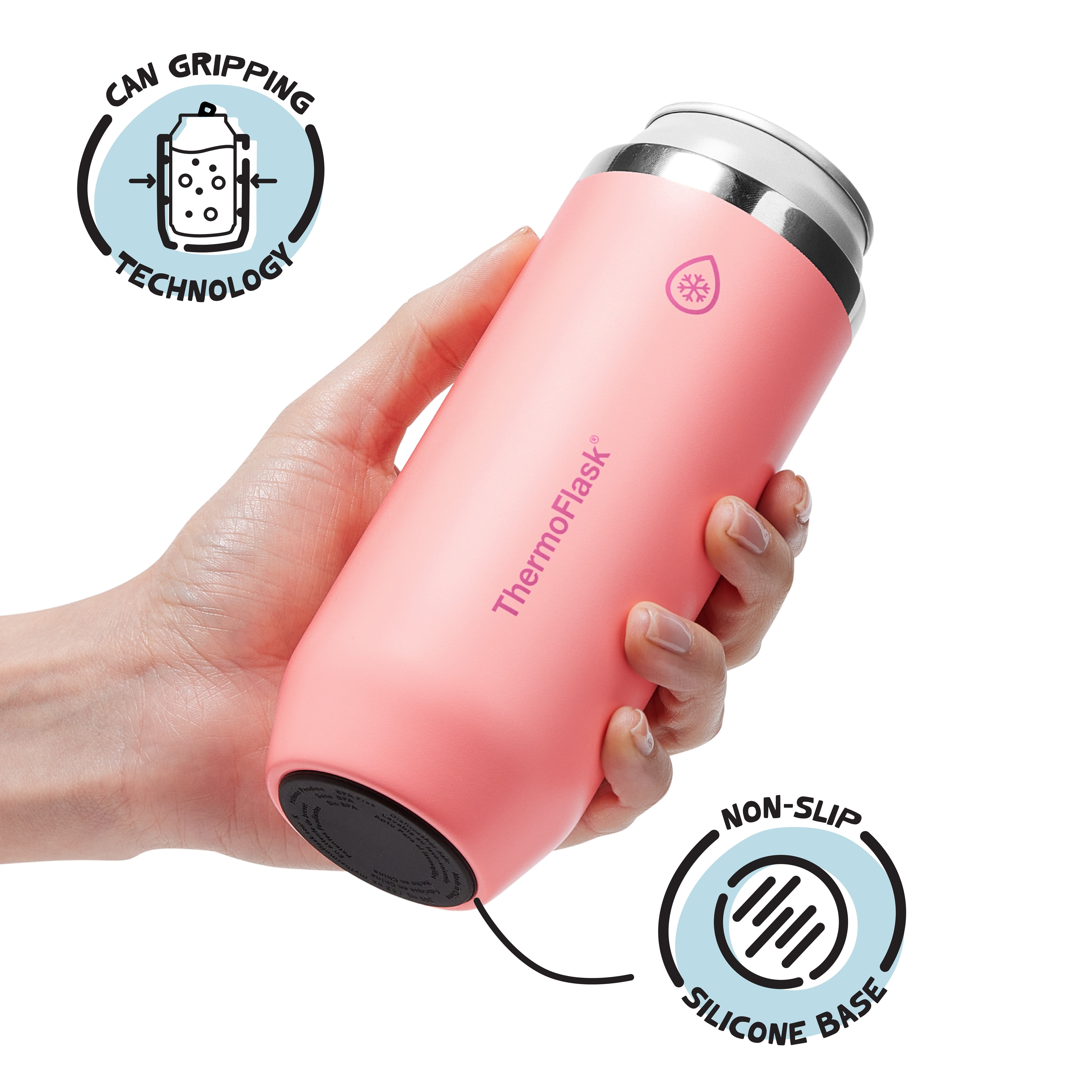 ThermoFlask 12 oz Slim Size 2-In-1 Insulated Can Cooler and Cup, Durable Stainless Steel, Non-Slip Base, Dishwasher Safe, Beverage Container, Sunkissed Coral