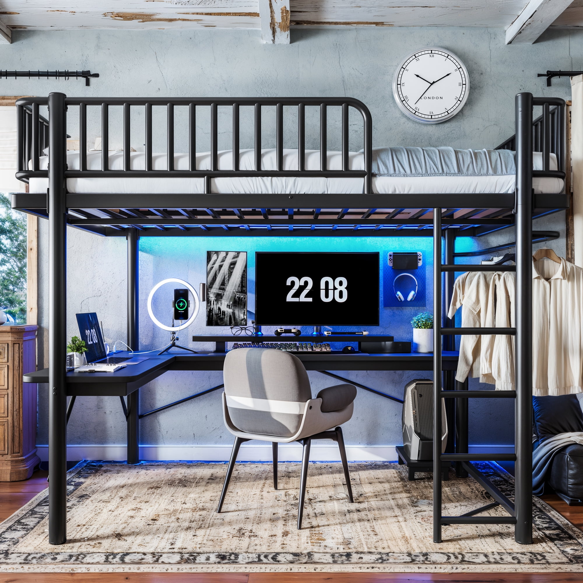 Leumius Queen Loft Bed Frame with L-Shaped Desk,LED Light Strip and Charge Station, Metal Loft Bed with Computer Mainframe Tray and Hanging Area, Special Round Pipe Design for Teens Adults Black