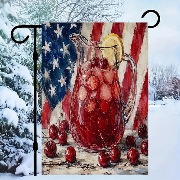 RKSupls Patriotic Linen Double Sided Garden Flag, Independence Day Themed Yard Decor, Cherry Lemonade Pitcher Flag Outdoor Banner for Holiday Lawn