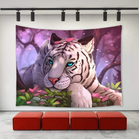 CADecor White Tiger Tapestry,Fantasy White Tiger Blue Eyes in the Forest Oil Painting Art Wall Tapestry Home Decoration Wall Decor Tapestries for Bedroom Living Room College Dorm 40x60