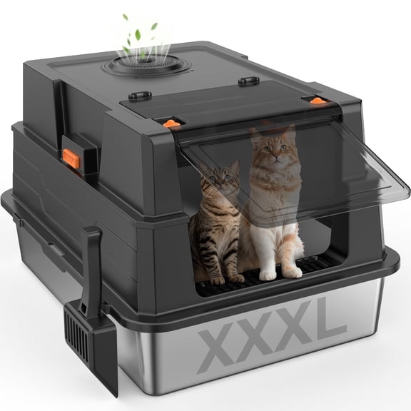 XXXL Cat Litter Box, Giant Enclosed Cat Litter Boxes for Big Cats, Extra Large Litter Box for Multiple Cats, Metal Cat Litter Box with Scoop, Black