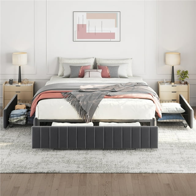 Yaheetech Full Upholstered Platform Bed Frame with 3 Storage Drawers, No Headboard, Dark Gray