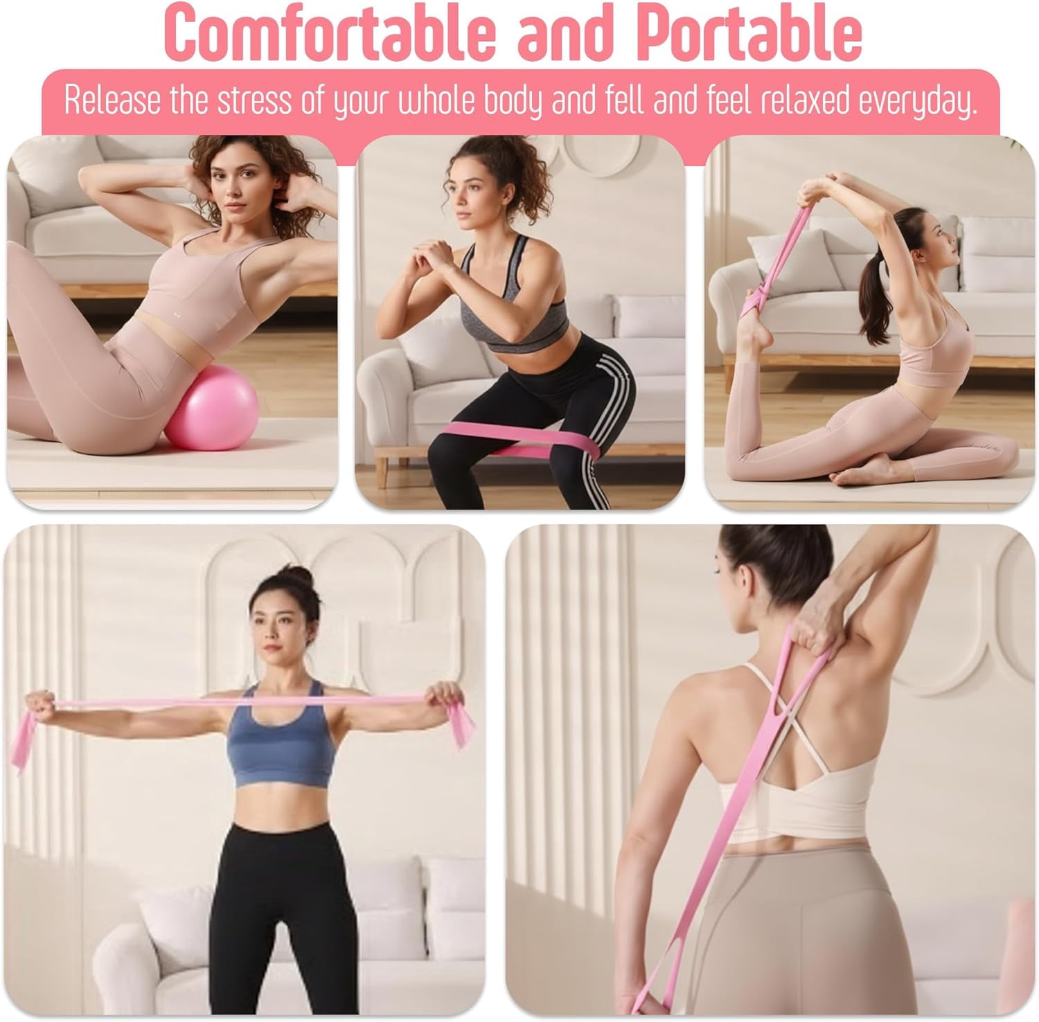 AMAVIK Pilates Kit 15-Piece Home Workout Set with 5 Resistance Bands, Pilates Ring and Ball Set with Accessories-A Complete Pilates Set for Women to Improve Strength Flexibility and Balance Body Pink