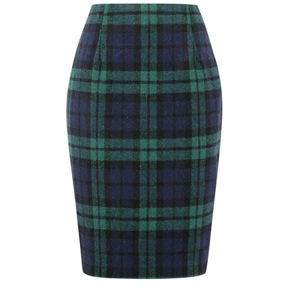 Cyglowse Plaid Skirts for Women Fall Winter Knee Length Pencil Wool Skirt Green M
