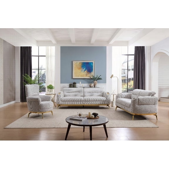 Modern Gray 3PC Living Room Set (Sofa   Loveseat   Chair) with Wood and Gold Accents (220×80×75cm)
