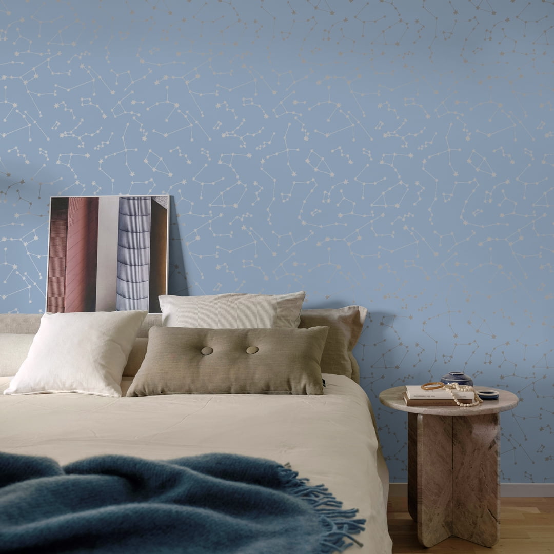 Tempaper x Novogratz Blue & Metallic Silver Constellations Peel and Stick Wallpaper, 20.5" x 16.5'