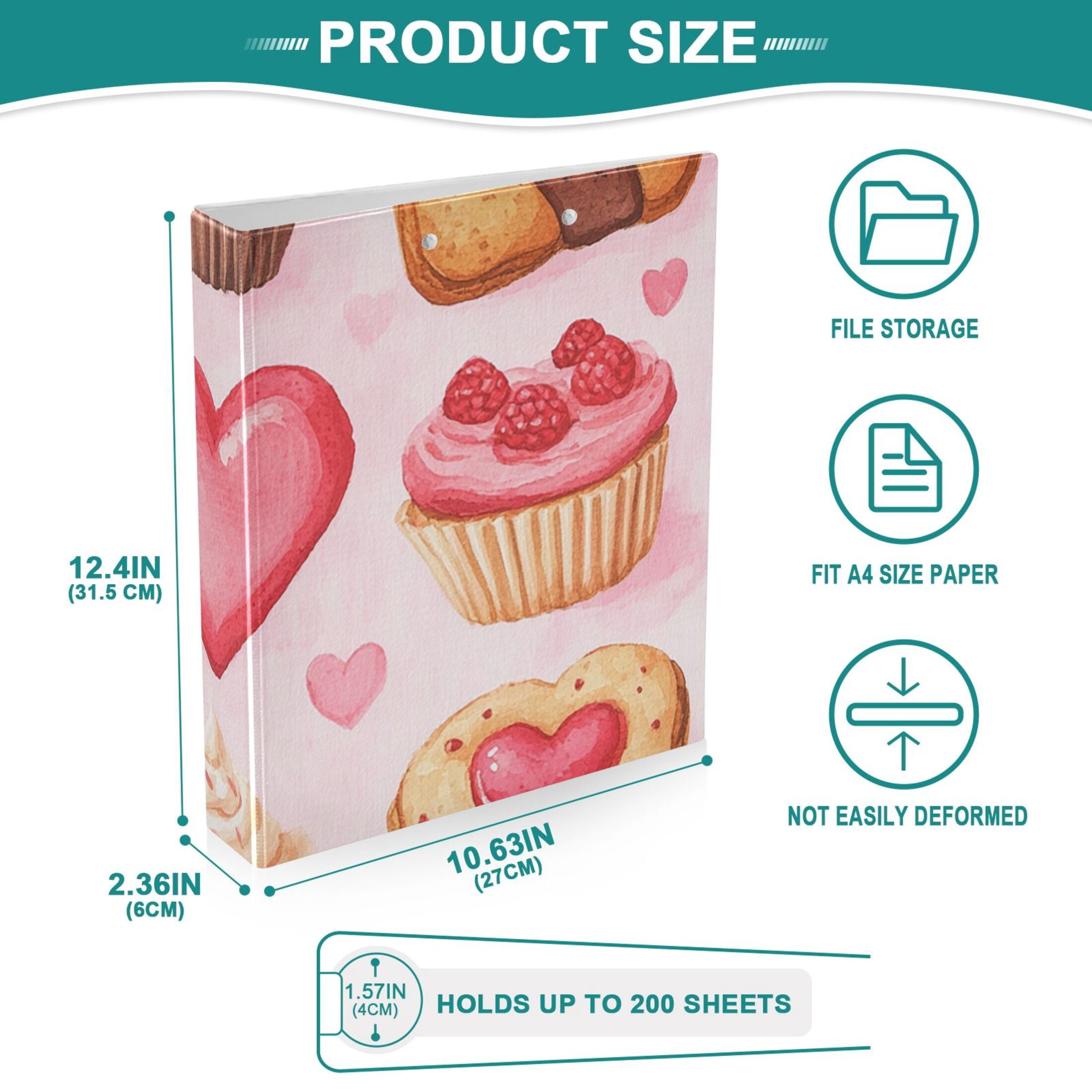 Valentines Day Cupcakes 3 Ring Binders 1.5 inch Hardcover File Folders with Interior Pockets A4 Size Organizer for School Office Hospital