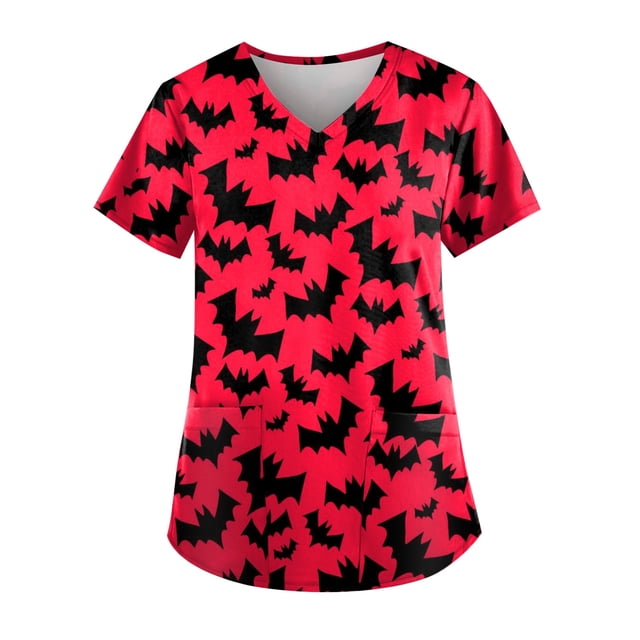 LINMOUA Plus Size Halloween Printed Working Uniform Tops For Women V-Neck Short Sleeve T-Shirts Workwear Tee With Pockets