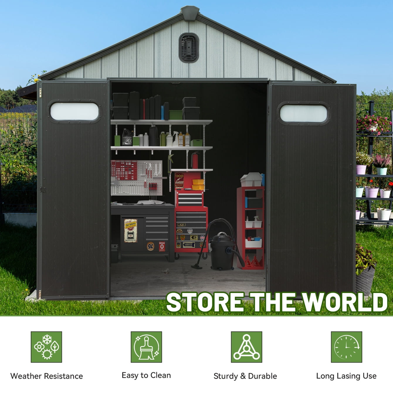 8x10 FT Outdoor Storage Shed, Resin Shed with Lockable Door, Vents & Window, All-Weather Tool Shed with Slope Roof for Bike, Garden Accessories, Gray
