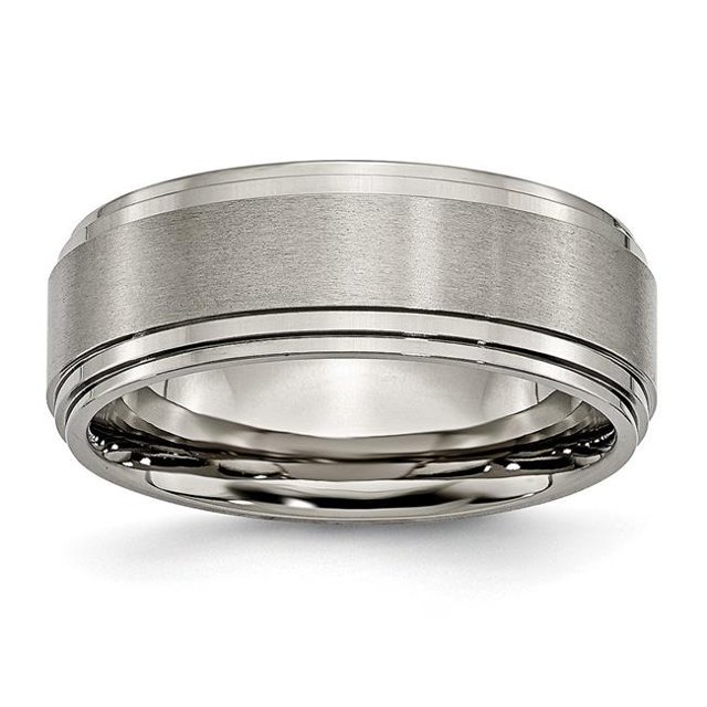 8 mm Titanium Double Step Ridged Edge Satin & Polished Band, Size 11.5