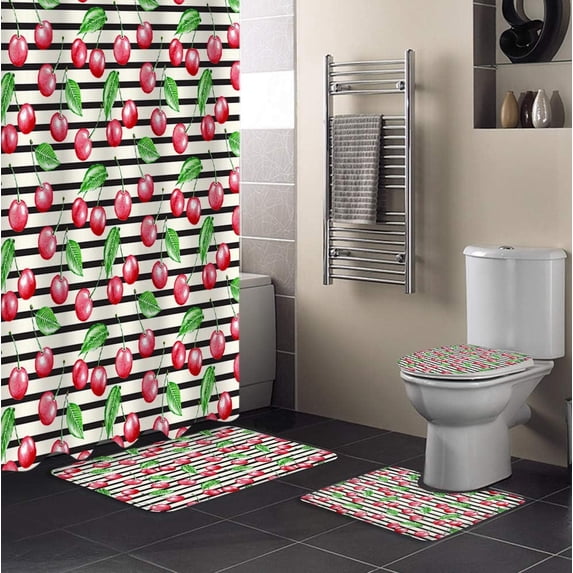 FMSHPON Striped 4 Piece Bathroom Set Shower Curtain Bath Rug Contour Mat and Toilet Lid Cover