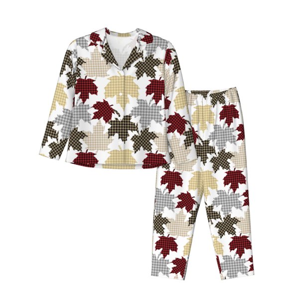 Fotbe maple leaves Conjunto de Pijama de Manga Larga para Mujer con Estampado, Ropa de Dormir de 2 Piezas, Conjunto de Casa Suave y Cómodo con Bolsillos-Large
