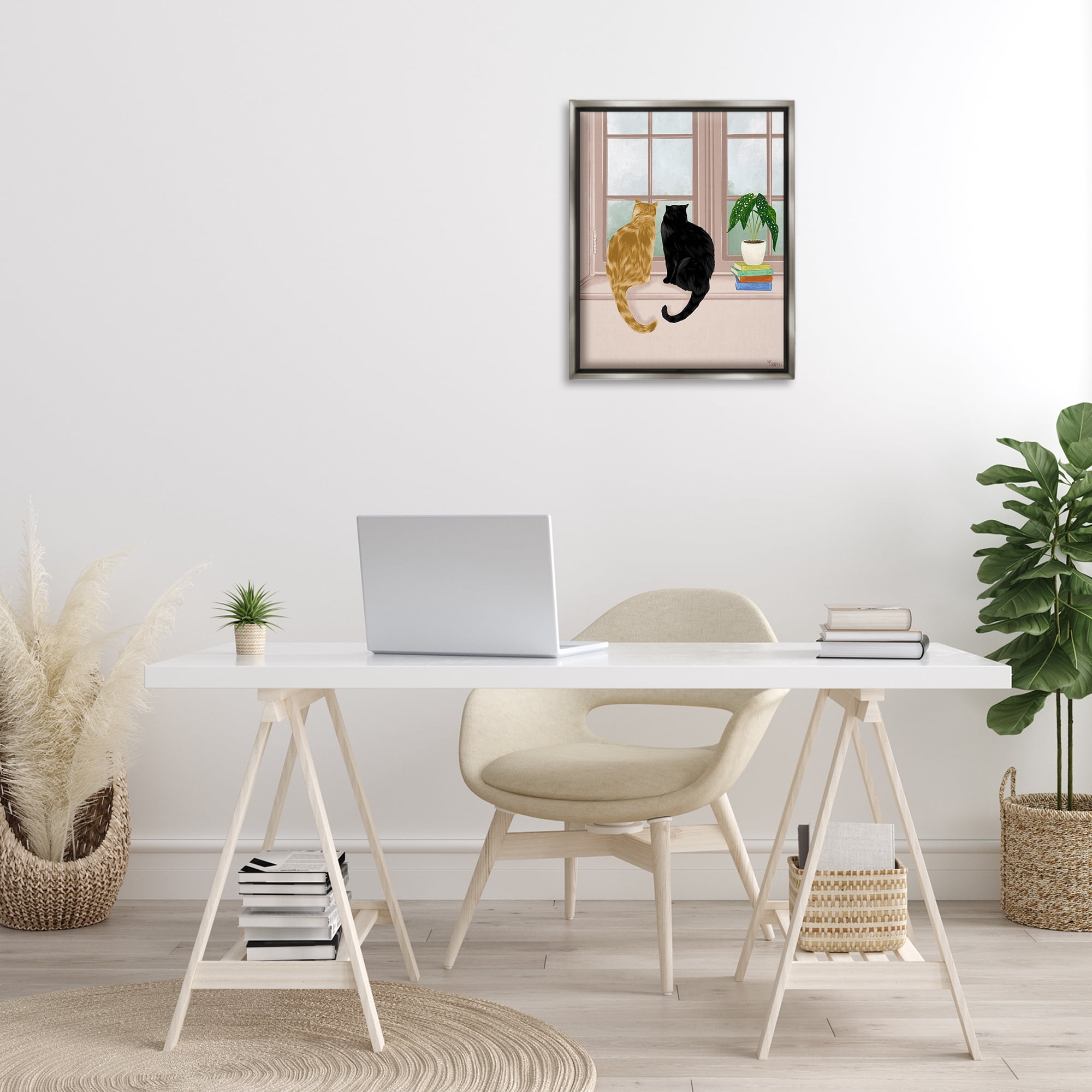 Stupell Industries Cat Pair in Windowsill Animals & Insects Painting Gray Floater Framed Canvas Art Print Wall Art, 17 x 21