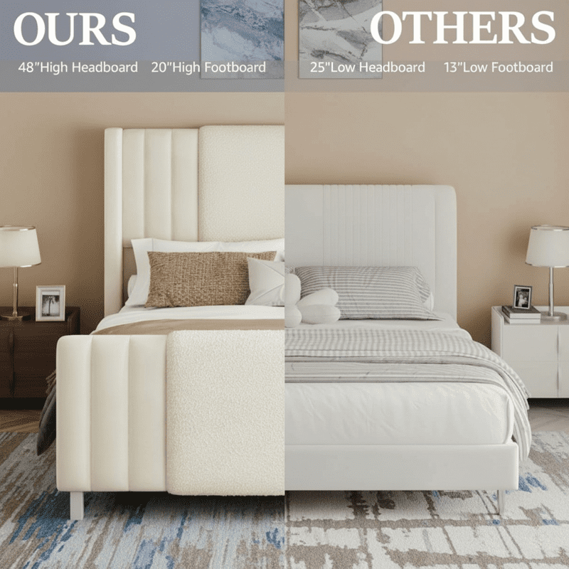 King Upholstered Bed Frame with LED Headboard & Footboard - Noiseless, Easy Assembly Platform Bed for Master Bedroom and Guest Room, White