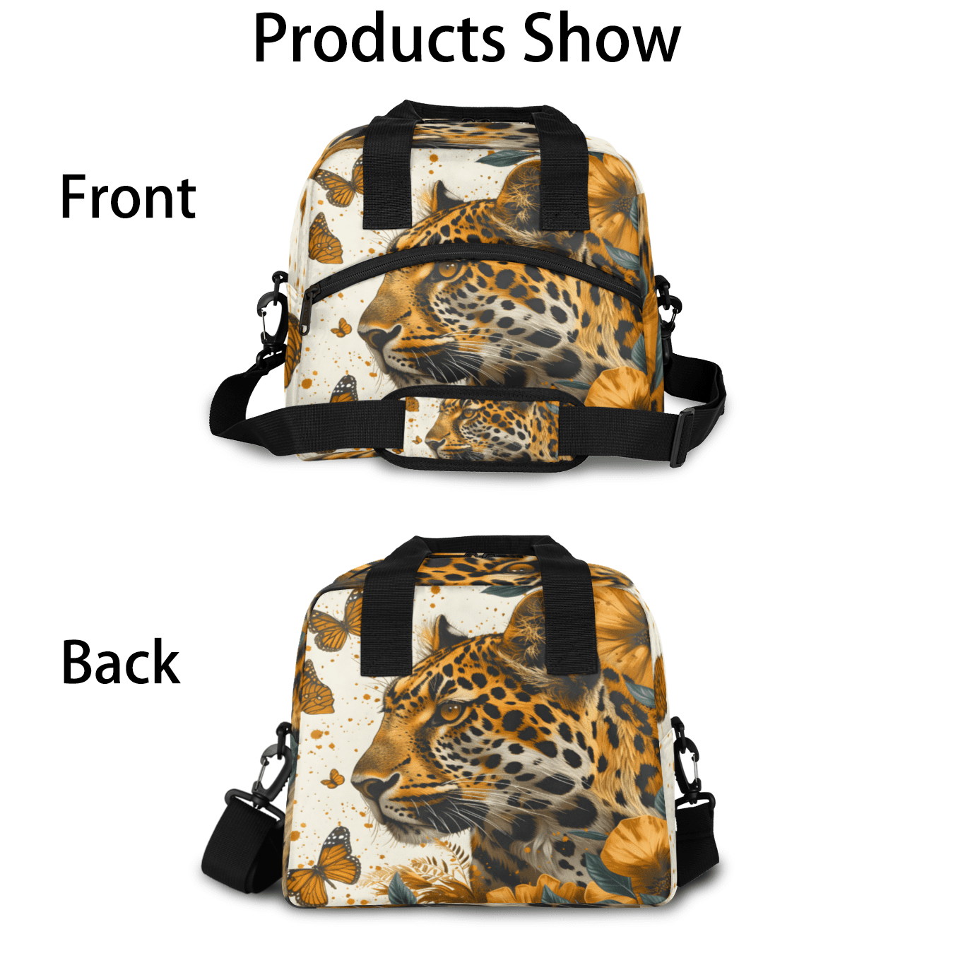 Herdesigns Leopard Insulated Lunch Bag for Women Men Adults Large Reusable Lunch Box Butterfly Leopard Print Leakproof Cooler Tote Bags with Adjustable Shoulder Strap