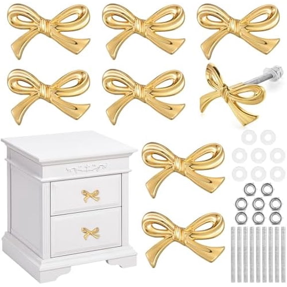 8 Pcs Gold Bow Drawer Knobs Brass Bow Knobs for Dresser Decorative Brass Drawer Pulls Vintage Cabinet Handles for Home Bedroom Kitchen Cabinets Hardware Cupboard (Small Size)