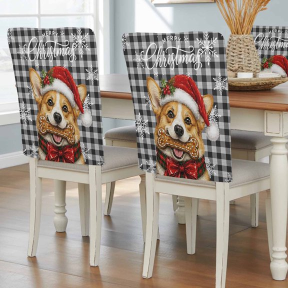 Merry Christmas Chair Back Covers Set of 2, Winter Cute Corgi Dog Santa Hat Gray Gingham Removable Dining Seat Cover Washable Kitchen Chair Slipcovers Protective for Party Decoration 19x20in